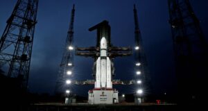 LVM3 Rakete für die Chandrayaan-3 Mission im Juli 2023 auf dem Launchpad am Satish Dhawan Space Center