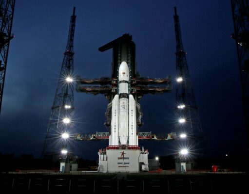 LVM3 Rakete für die Chandrayaan-3 Mission im Juli 2023 auf dem Launchpad am Satish Dhawan Space Center